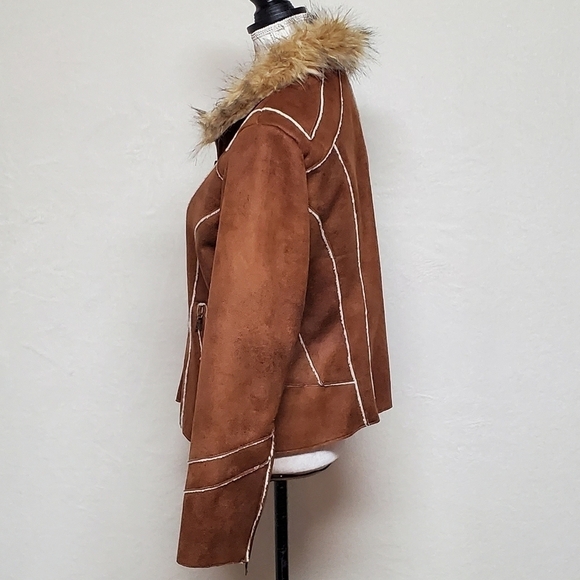 VINTAGE 90s Toffee Faux Suede Faux Fur Zip-Sleeve Full-zip Fleece Lined Jacket - Picture 7 of 13